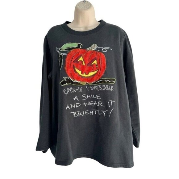 Vtg Quacker Factory Women's Sz L Black Sweatshirt Orange Cord Pumpkin Halloween - Picture 1 of 9